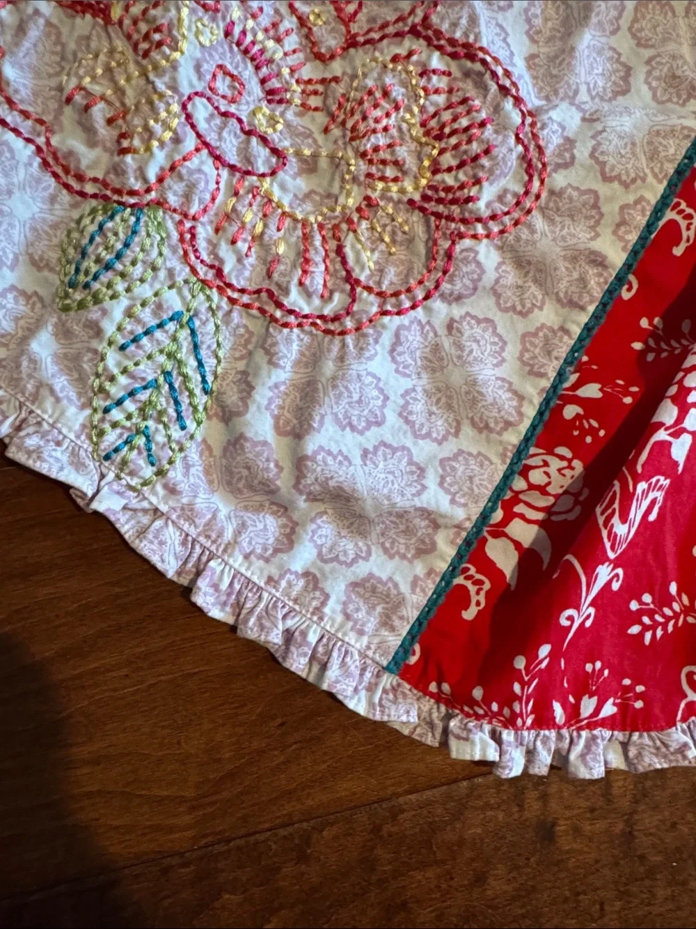Red Floral Anthropologie Half Apron with Embroidered Flowers